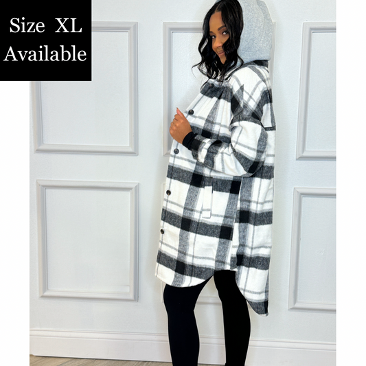 Oversize Long Flannel Shacket with Hoodie