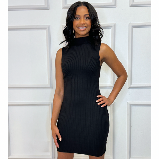 Black Mock Neck Sleeveless Rib Knit Mini Dress