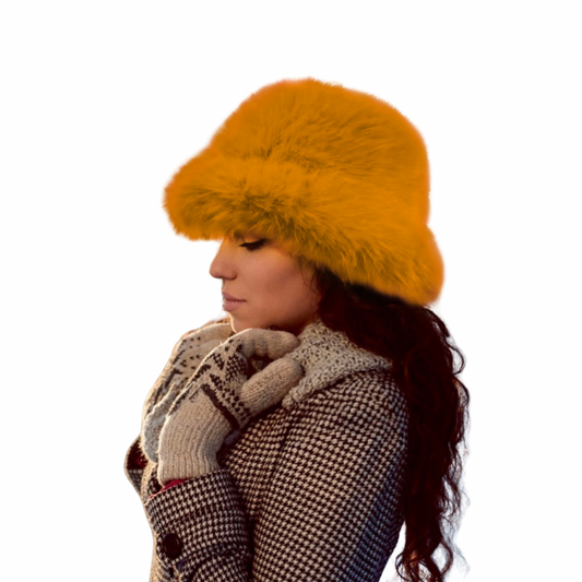 Fuzzy Faux Fur Bucket Hat Mustard